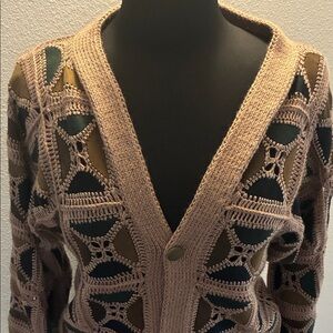Vintage Taupe Crochet Suede Patchwork V-Neck Women’s Sweater Cardigan 44” chest